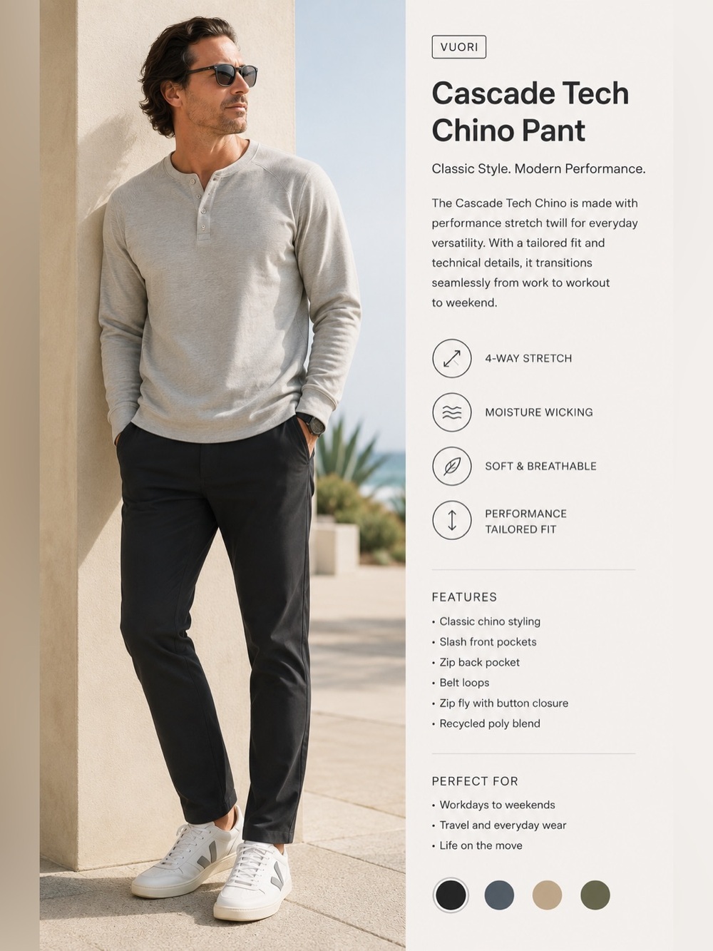 Vuori Cascade Tech Chino Pant Men’s Size 30 Gray Performance Golf Slim Fit